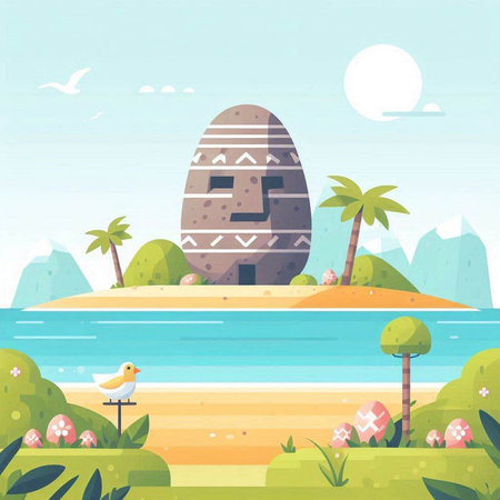 Tropical island with stone house and seagull. Vector illustration.のイラスト素材