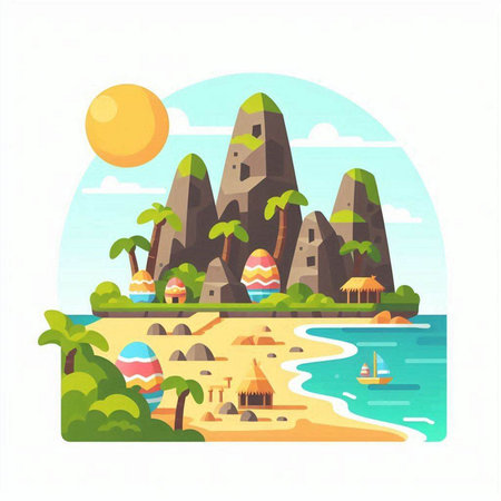 Tropical island with palm trees, sand, rocks and sun. Vector illustrationのイラスト素材