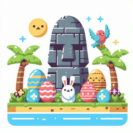 Easter illustration with eggs, bunny and bird. Flat style.のイラスト素材