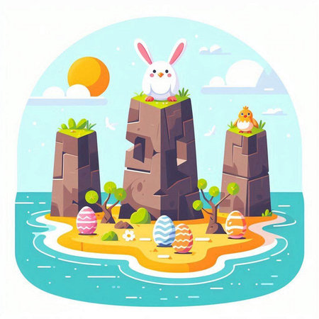Easter eggs and bunny on the island. Vector illustration in cartoon styleのイラスト素材