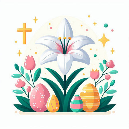 Easter background with eggs and lily flowers. Vector illustration.のイラスト素材