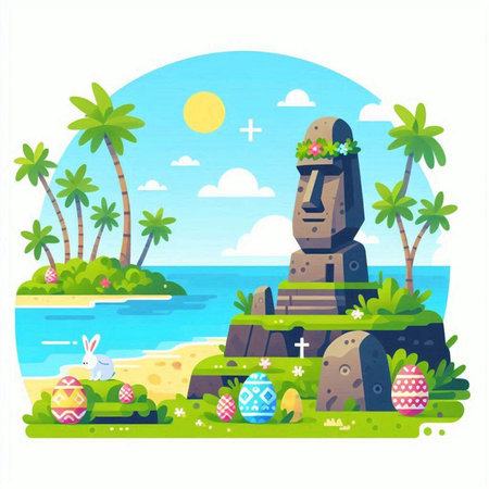 Easter flat illustration. Easter eggs on the island. Holiday background.のイラスト素材