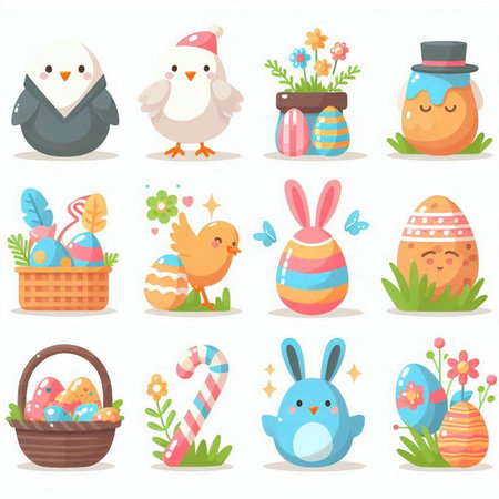 Set of cute cartoon easter characters with eggs, chicken, bunny, basket, flowers and candy.のイラスト素材