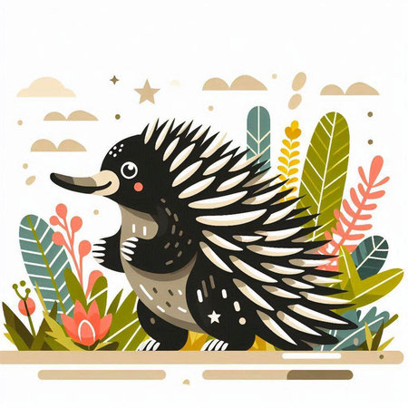 Cute hedgehog in the jungle. Hand drawn vector illustration.のイラスト素材