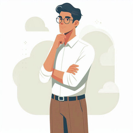 Vector illustration of young man with glasses thinking. Businessman in the sky.のイラスト素材