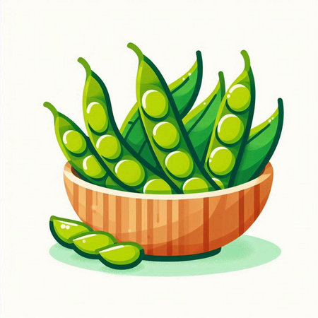 Fresh green peas in wooden bowl isolated on white background. Vector illustration.のイラスト素材