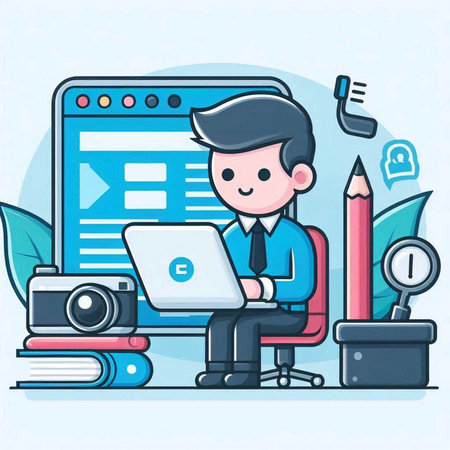 Businessman working on laptop at office. Vector illustration in cartoon style.のイラスト素材