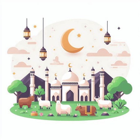 Ramadan Kareem greeting card with mosque, sheep and moon. Vector illustrationのイラスト素材