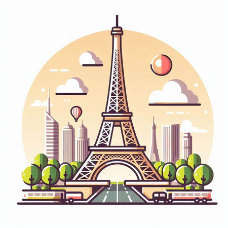 Eiffel tower on the background of the city. Vector illustrationのイラスト素材