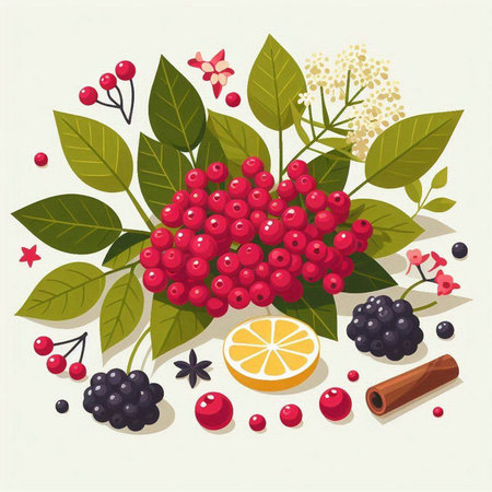 Vector illustration of a bunch of rowan berries with leaves and cinnamon.のイラスト素材