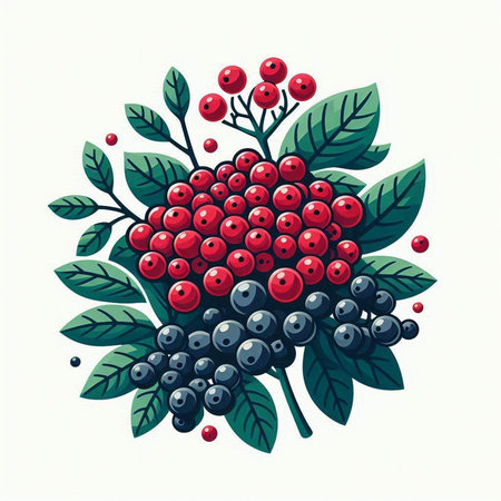 Bouquet of berries with green leaves and berries. Vector illustration.のイラスト素材
