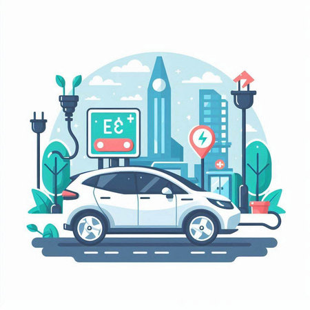Electric car charging station. Vector illustration in flat style. Electric vehicle charging station.のイラスト素材