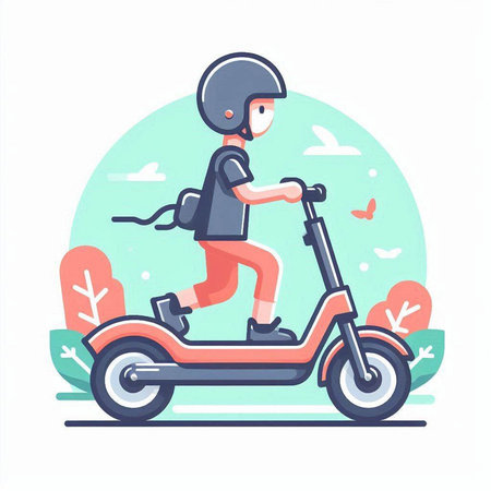 Boy riding a scooter. Vector illustration in a flat style.のイラスト素材