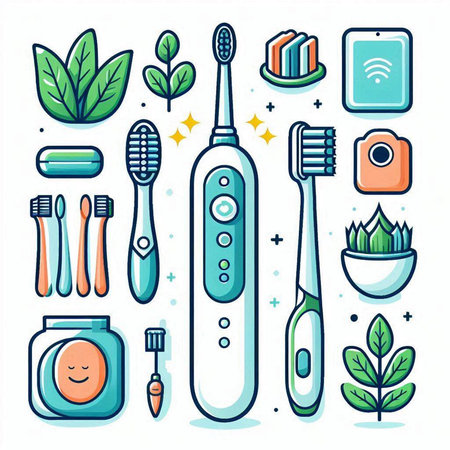 Set of icons of toothbrushes, dental floss, toothpaste, toothbrush. Vector illustrationのイラスト素材
