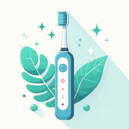 Electric toothbrush with green leaves. Vector illustration in flat style.のイラスト素材