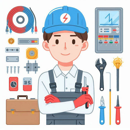 Worker with tools and equipment. Vector illustration in cartoon style.のイラスト素材