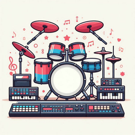 Drum set with musical instruments. Vector illustration in cartoon style.のイラスト素材