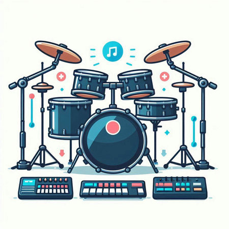 Drum set with musical instruments. Vector illustration in cartoon style.のイラスト素材