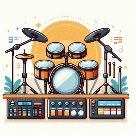 Drum set with musical instruments. Vector illustration in flat style.のイラスト素材