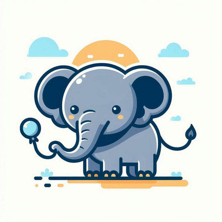 Cute cartoon elephant on white background. Vector illustration in flat style.のイラスト素材