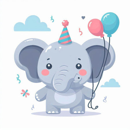 Cute cartoon elephant with party hat and balloons. Vector illustration.のイラスト素材