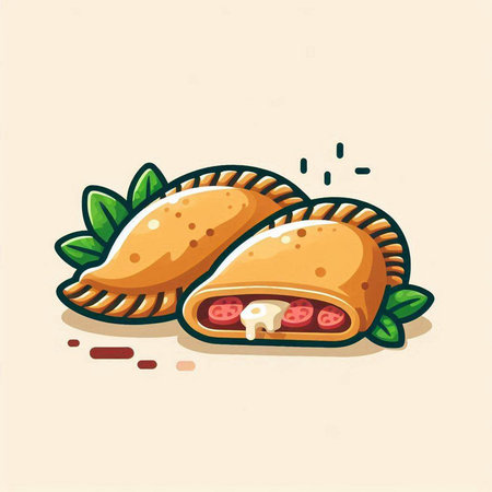 Vector illustration of cartoon empanadas with cheese and salami.のイラスト素材