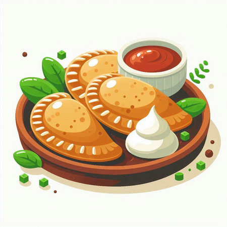 Vector illustration of a plate of pancakes with sour cream and green leavesのイラスト素材