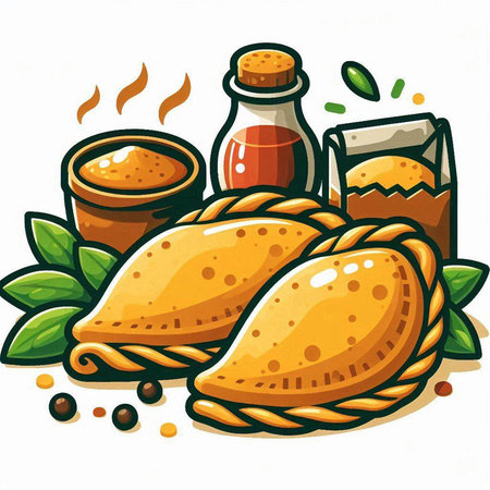 Vector illustration of a set of empanadas with spices and herbsのイラスト素材
