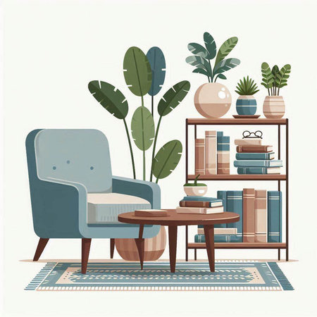 Living room interior with armchair and bookshelf. Vector illustration.のイラスト素材