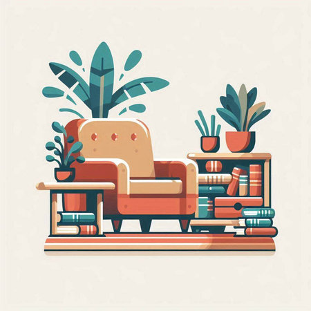 Living room with armchair, bookshelf and plants. Vector illustration.のイラスト素材