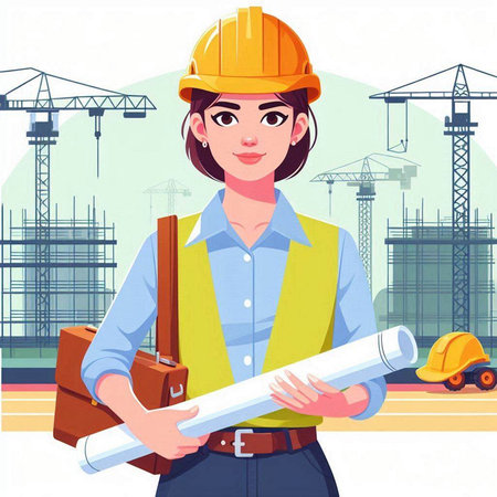 Female engineer in a construction site. Vector illustration in cartoon style.のイラスト素材