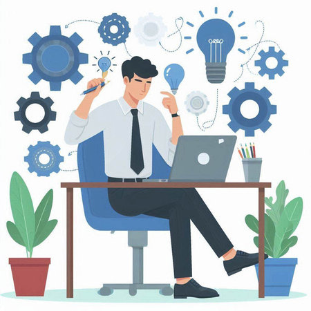 Businessman working on laptop in office. Vector illustration in flat styleのイラスト素材