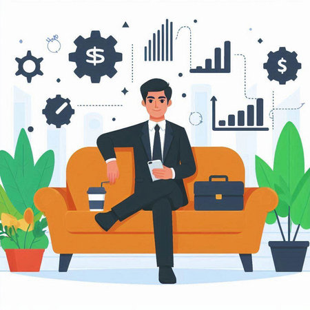 Businessman sitting on sofa and drinking coffee in office flat vector illustration.のイラスト素材