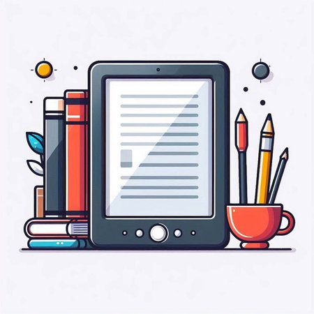 Tablet computer with books, pencils and coffee cup. Flat design vector illustration.のイラスト素材