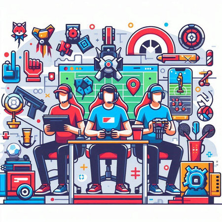 People playing video games. Colorful vector illustration in cartoon style.のイラスト素材
