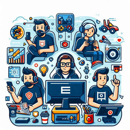 Vector colorful illustration of people playing online games. Flat line art design for web, site, advertising, banner, poster, board and print.のイラスト素材