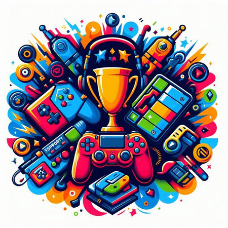 Cartoon colorful vector hand drawn doodles of video games themeのイラスト素材