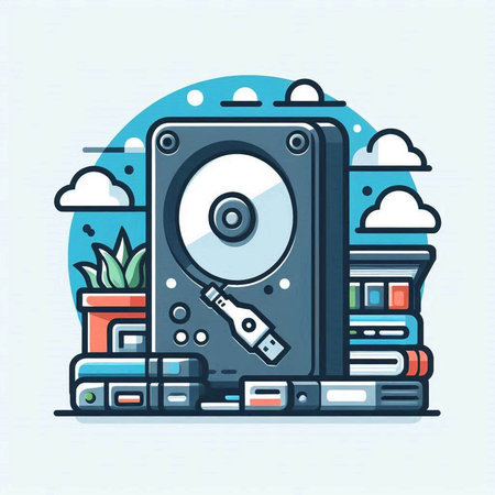 Hard disk drive and stack of books, flat design vector illustration.のイラスト素材