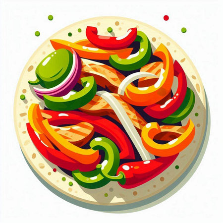 Illustration of a plate of vegetable salad with tomato, pepper, onion, lettuce and cucumberのイラスト素材