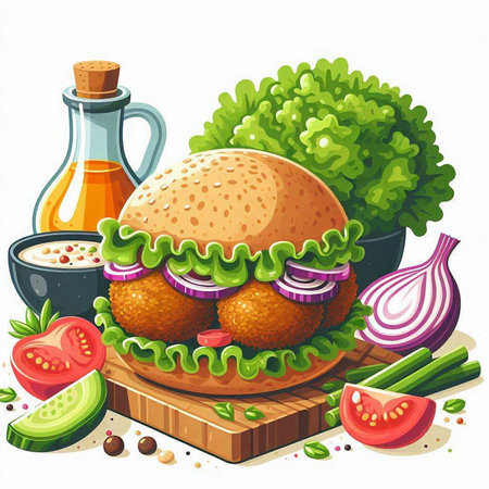 Vegetarian burger with fresh vegetables and sauce. Vector illustration.のイラスト素材