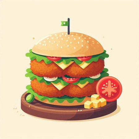 Hamburger with cheese, tomato and cucumber. Vector illustration.のイラスト素材