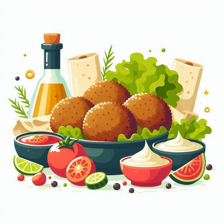 Mexican food vector illustration. Traditional mexican food. Fried meatballs, mozzarella cheese, salsa, guacamole.のイラスト素材