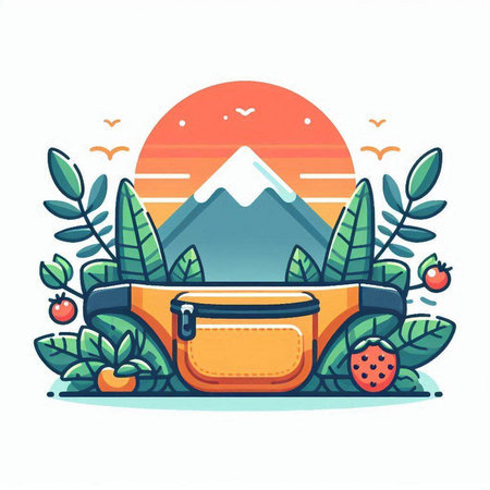 Mountain landscape with backpack. Vector illustration in flat cartoon style.のイラスト素材