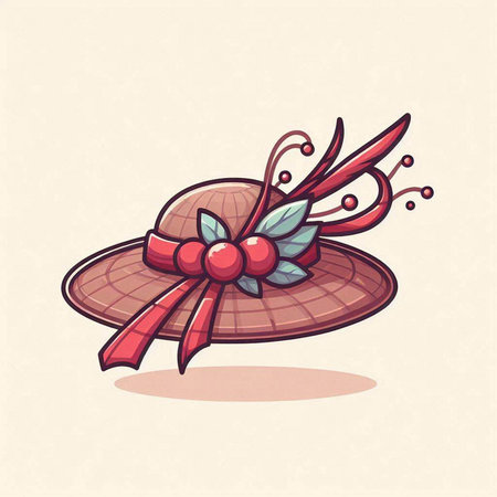 Vintage lady hat with red ribbon and bow. Vector illustration.のイラスト素材