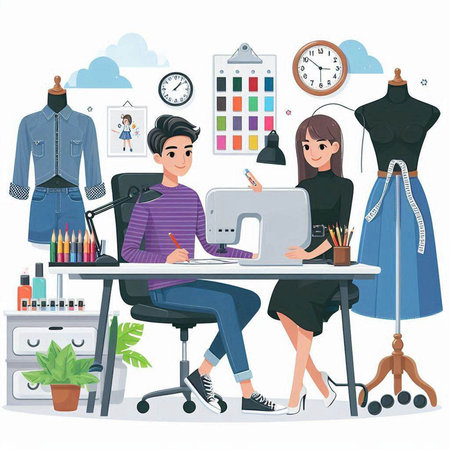 Designer and fashion designer working in the office. Vector illustration.のイラスト素材