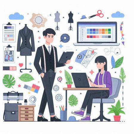Fashion designer man and woman working in office. Vector illustration.のイラスト素材