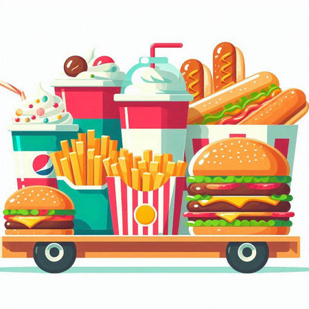 Fast food truck with fastfood. Vector illustration in cartoon style.のイラスト素材