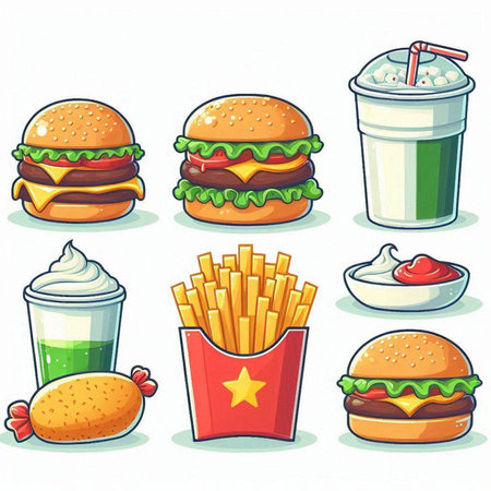 Fast food icon set. Vector illustration of fast food icon set.のイラスト素材
