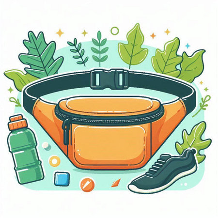 Vector illustration of sport bag with sneakers, bottle of water and leaves.のイラスト素材
