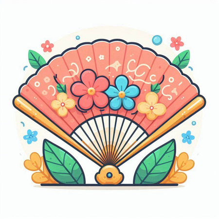 Hand fan with flowers and leaves. Vector illustration in cartoon style.のイラスト素材
